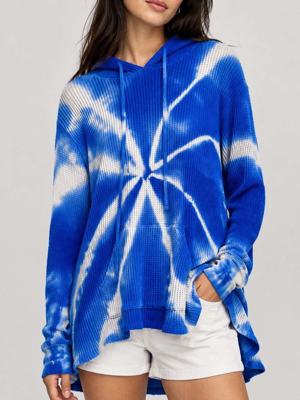 Red Haute Blue White Tie Dye Waffle Knit Hoodie Oversized Pullover. Size S